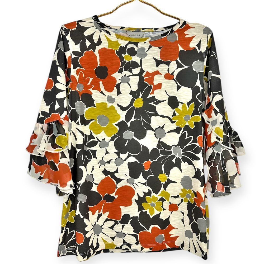 Multiples Floral Bell Sleeve Blouse Retro Print Orange Yellow Black White Size S